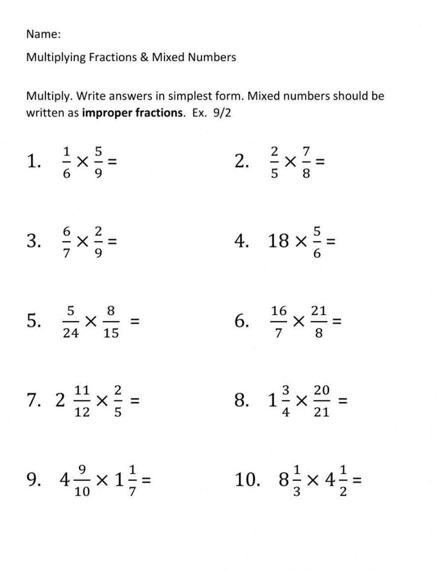 Multiplying Mixed Numbers Worksheet