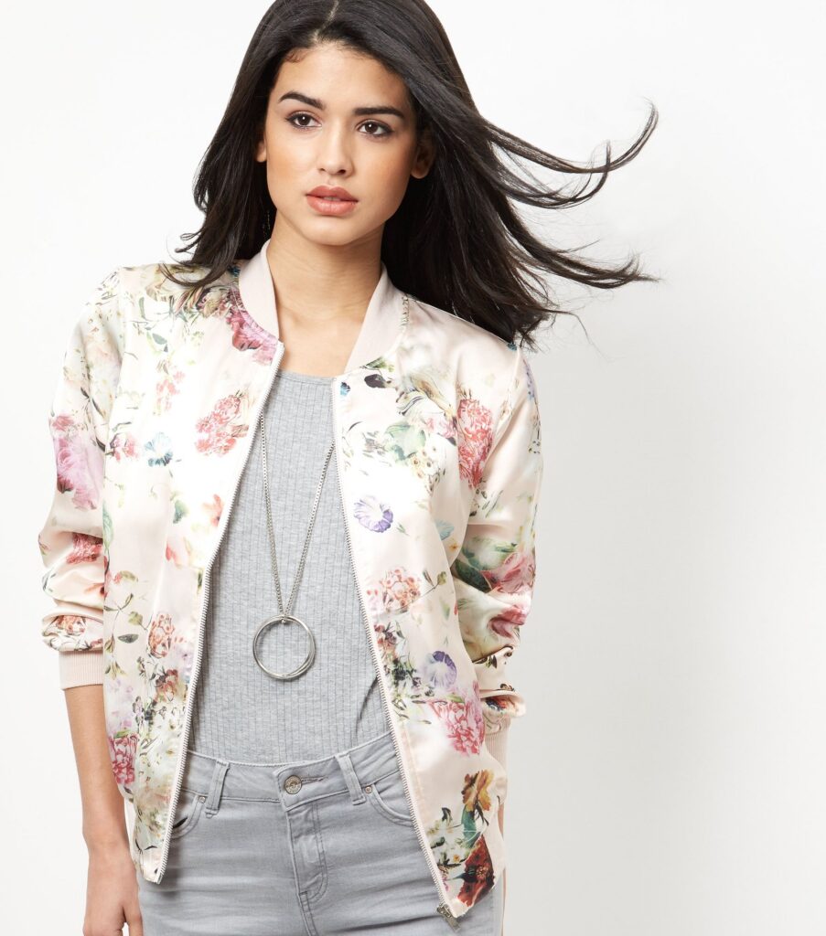 New Look Pink Floral Print Bomber Jacket Satiny