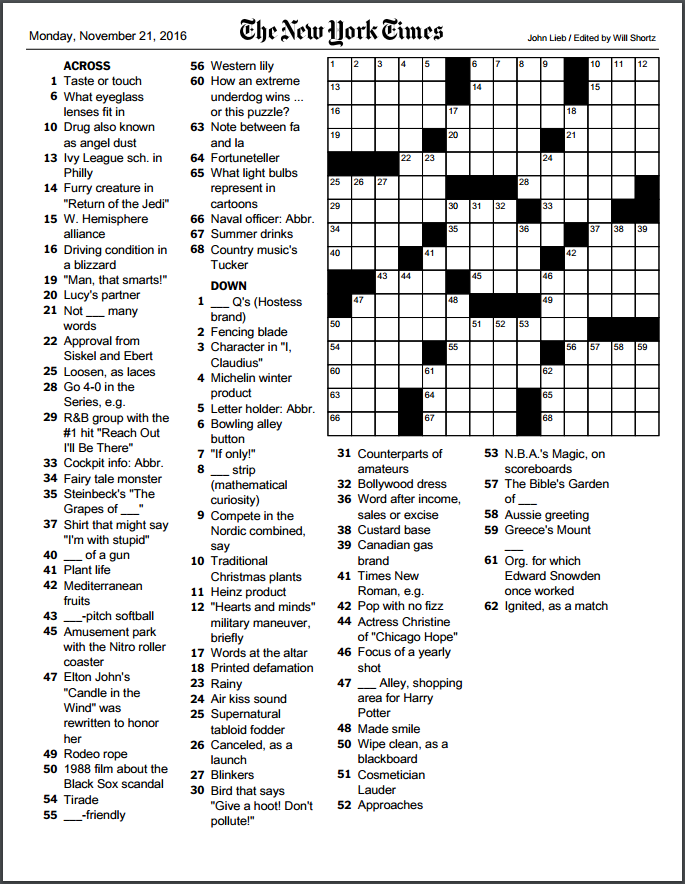 printable new york times crossword puzzle
