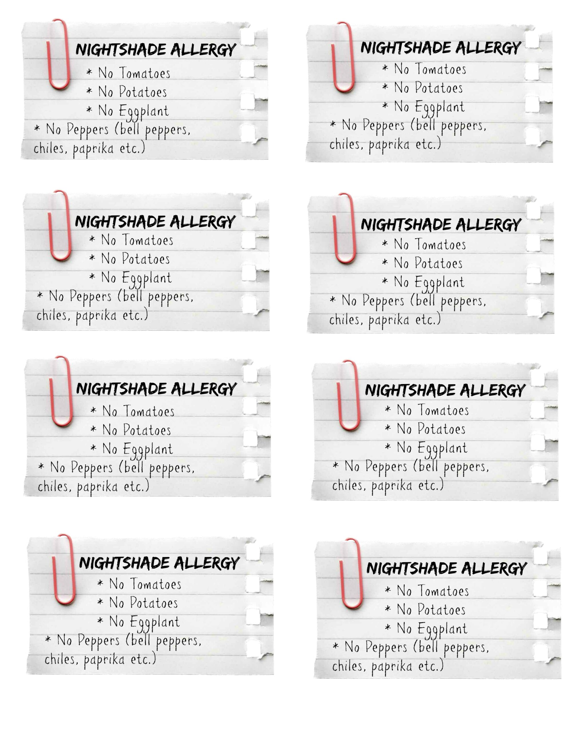 free printable food allergy cards