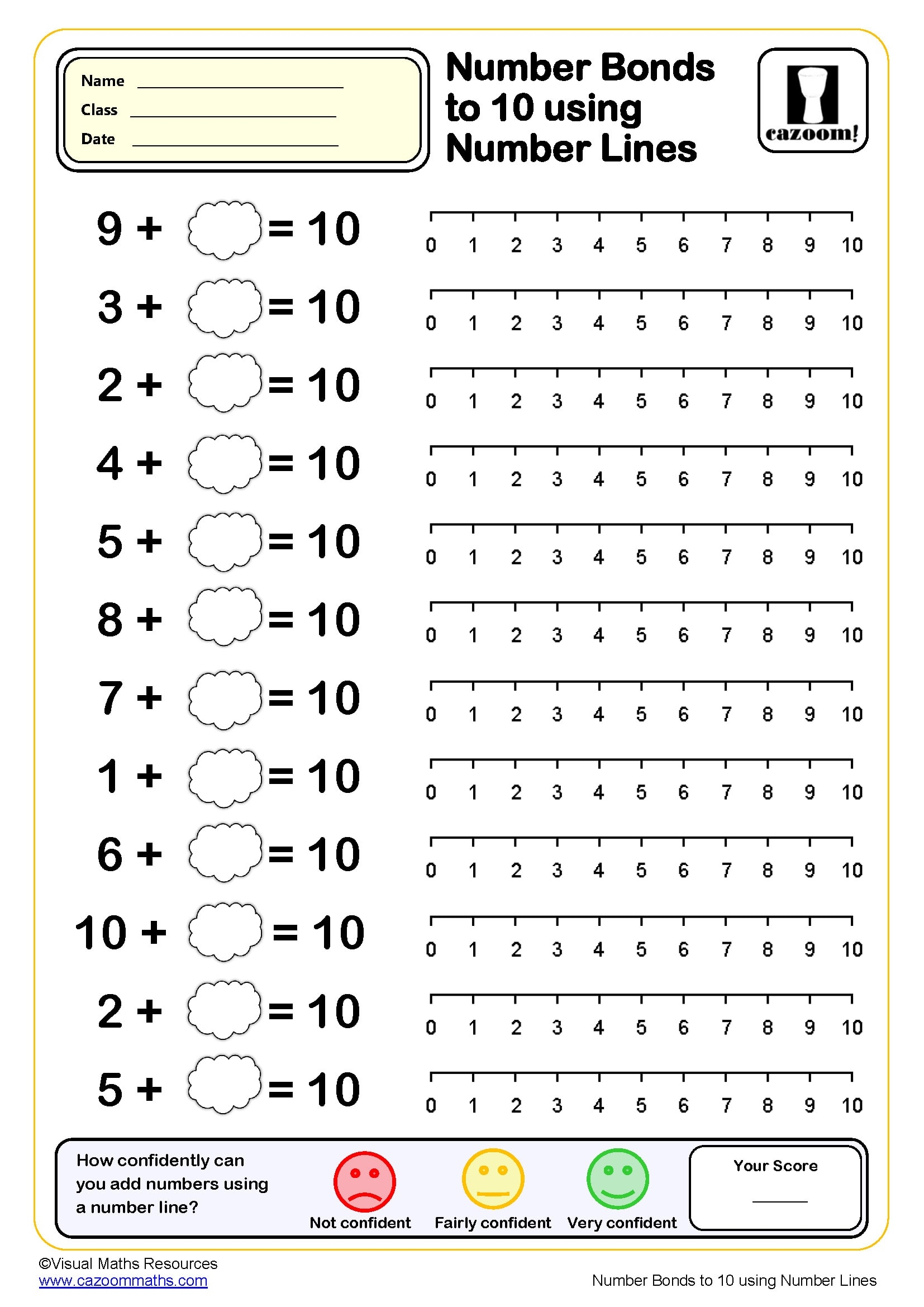 Number Bonds To 10 With Number Lines Worksheet PDF Printable 