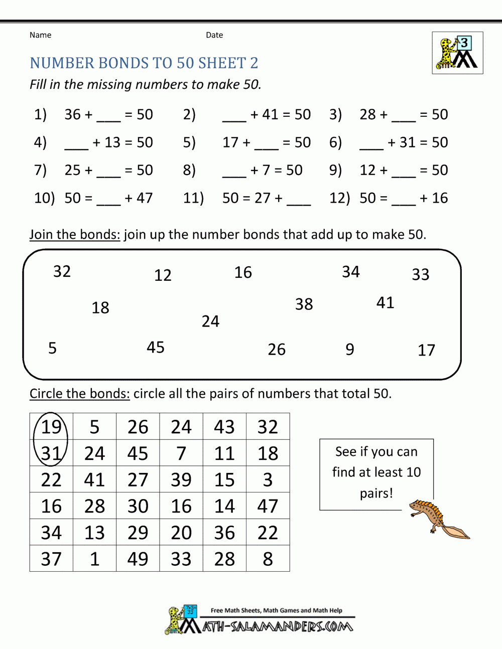 number bonds worksheets