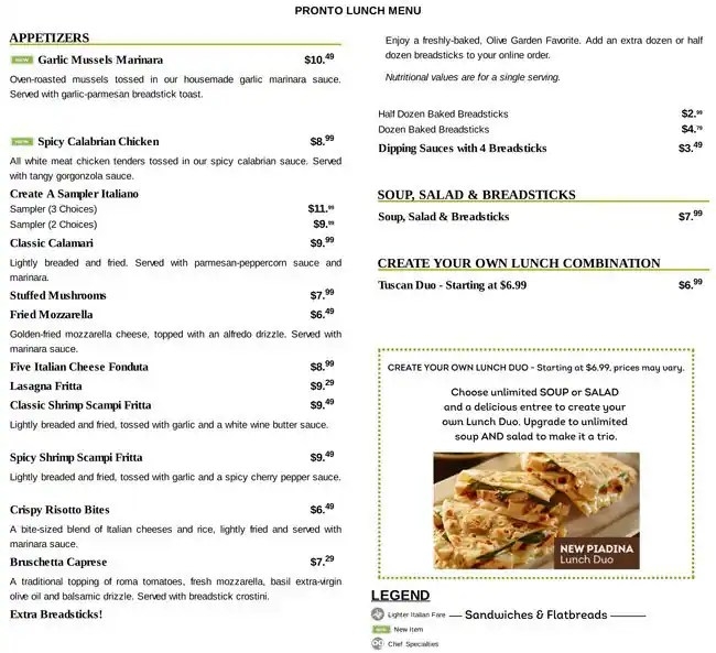 Olive Garden Printable Lunch Menu