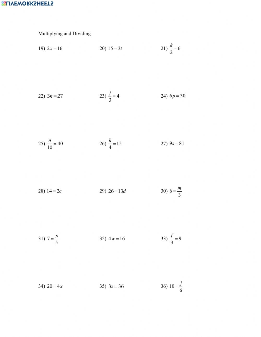 One Step Equations Multiplication And Division Worksheets 