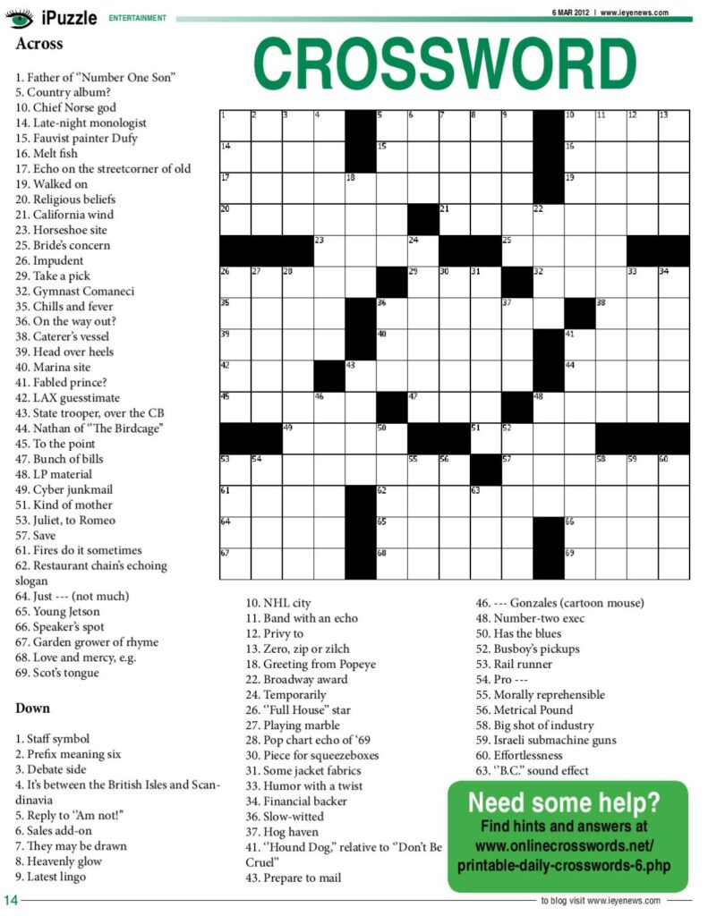 Onlinecrosswords Net Printable Daily Crosswords Php Printable