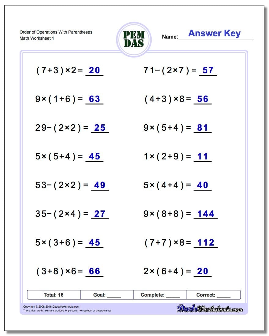 order of operations worksheets with answers pdf