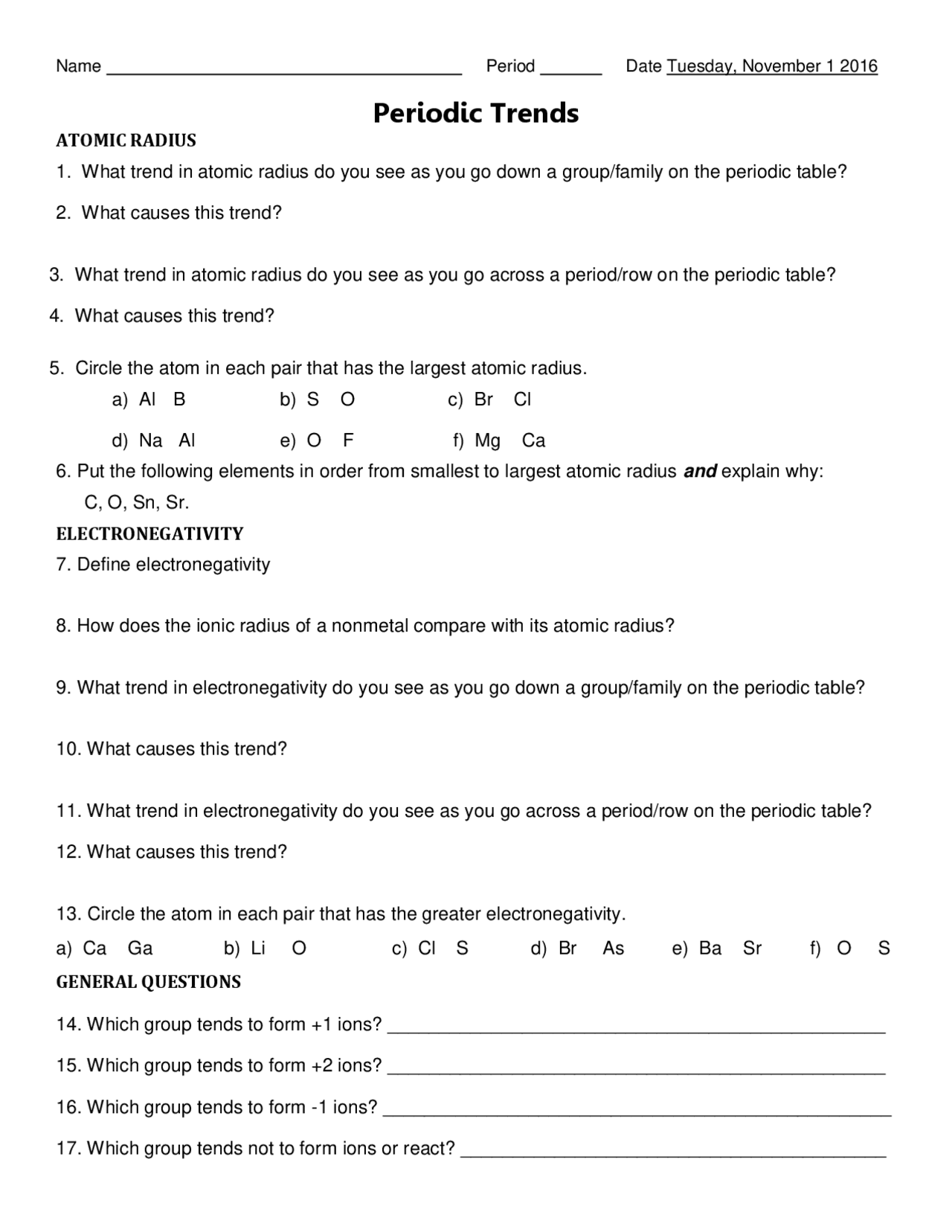Periodic Trends Worksheet Study Notes Chemistry Docsity 