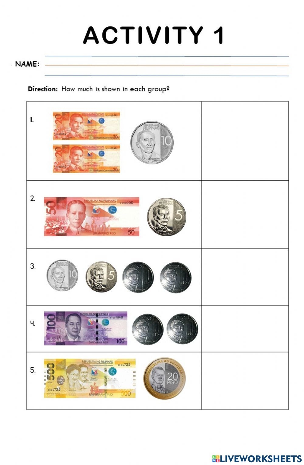 Philippine Bills And Coins Worksheet For Kids