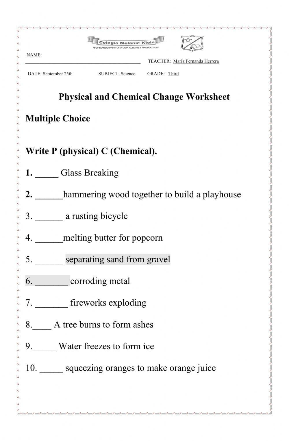 Physical And Chemical Changes Online Exercise Live Worksheets 
