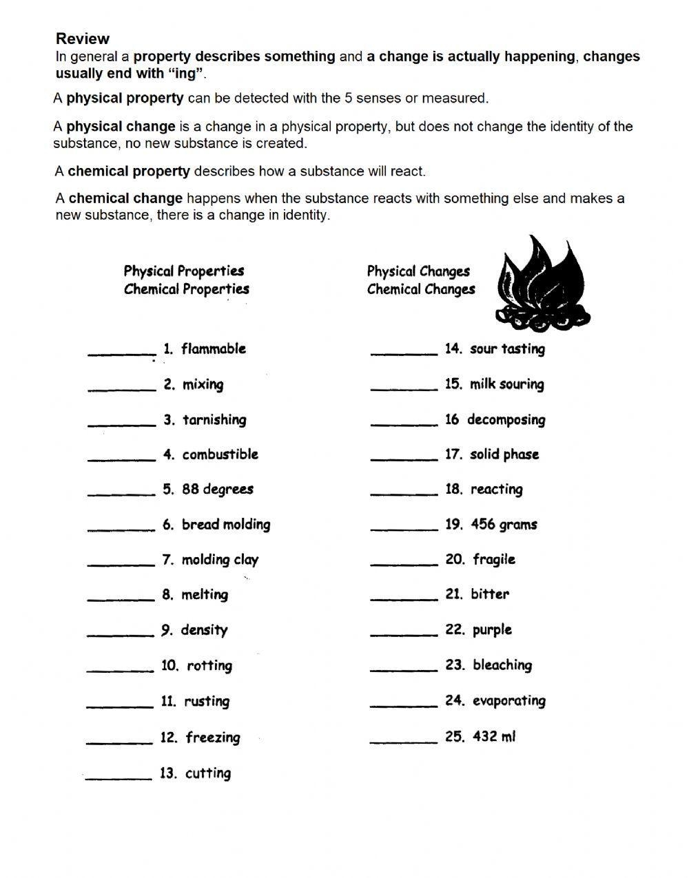 physical and chemical changes worksheet