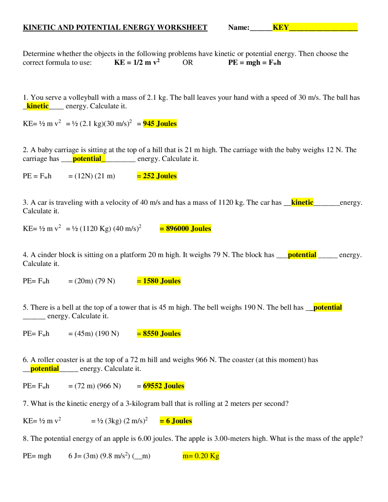 Potential And Kinetic Energy Worksheet Education Worksheets 