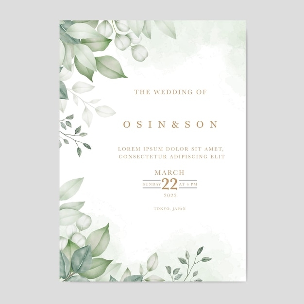Premium Vector Green Leaves Wedding Invitation Card Template
