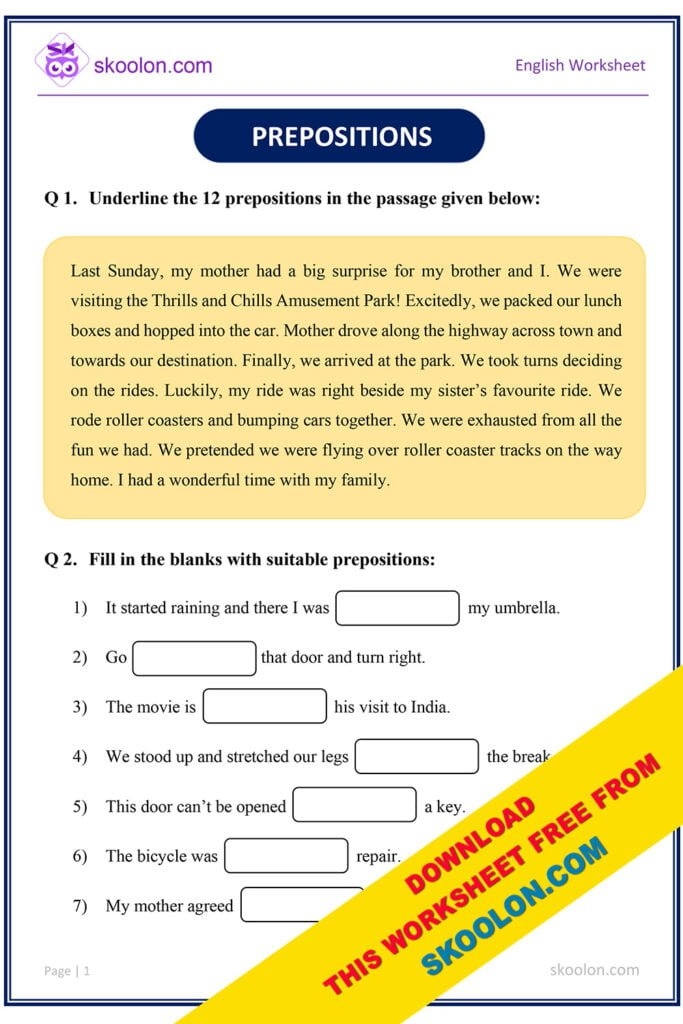 Prepositions Worksheet 3 Skoolon