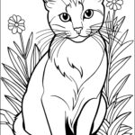 Pretty Cat And Flowers Cat Coloring Pages