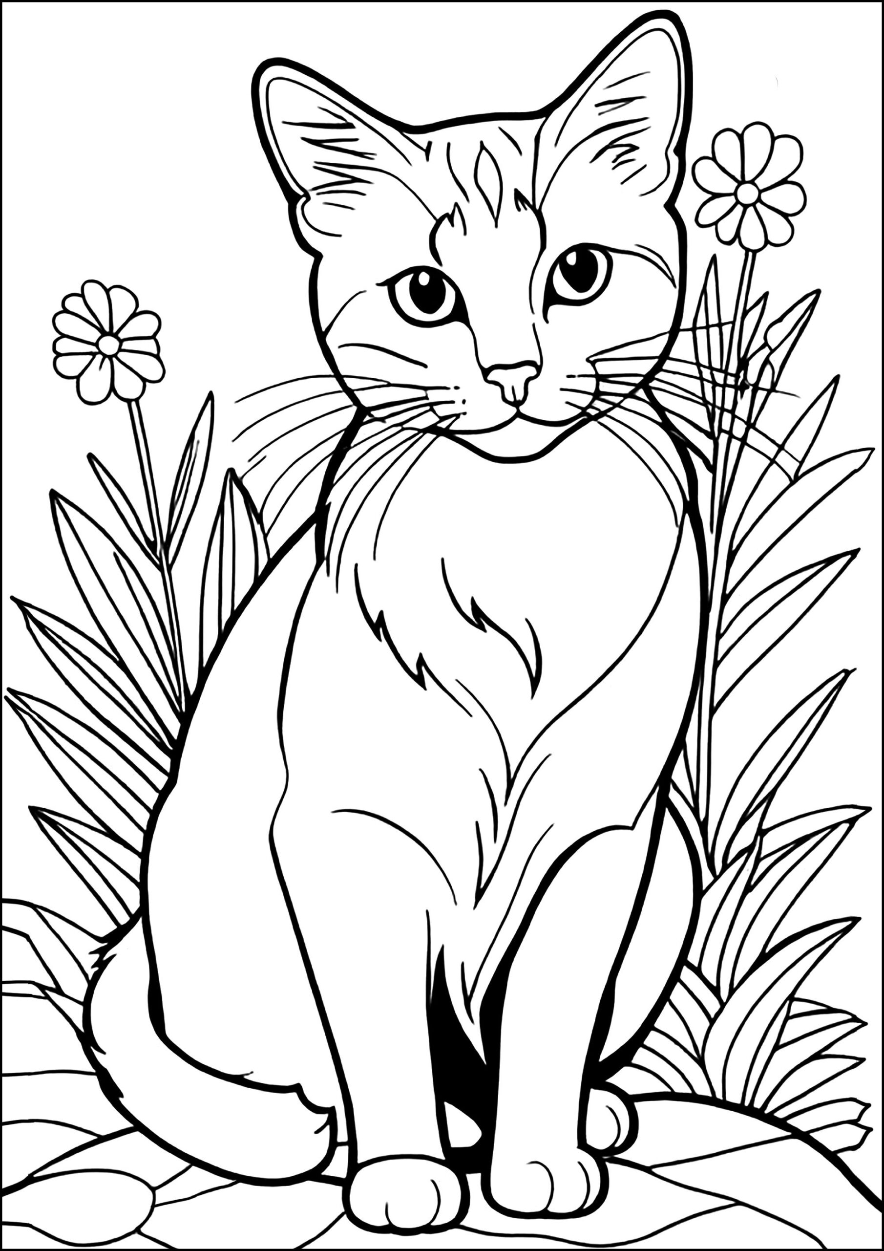 Pretty Cat And Flowers Cat Coloring Pages For Kids