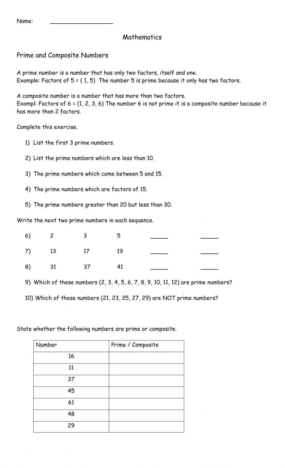 Prime And Composite Numbers Worksheet Live Worksheets Worksheets 