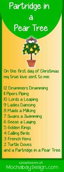 Print A Partridge In A Pear Tree Christmas Song Lyrics Bookmark