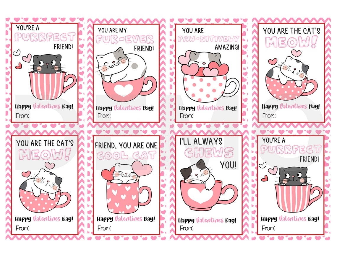 Printable Cat Valentine 39 s Day Cards Classroom Etsy