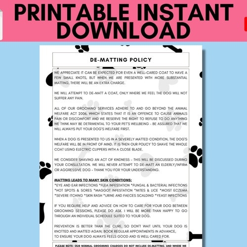 Printable Dog Grooming De Matting Policy PAW EDITION Etsy