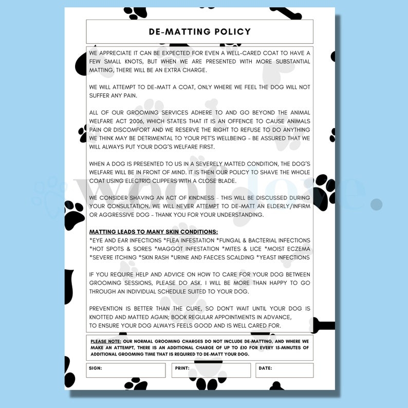 Printable Dog Grooming De Matting Policy PAW EDITION Mobile Dog 
