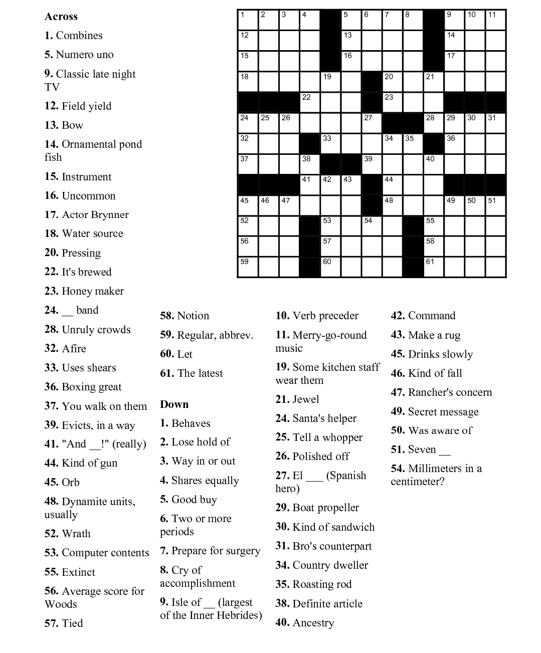 free easy printable crossword puzzles for adults