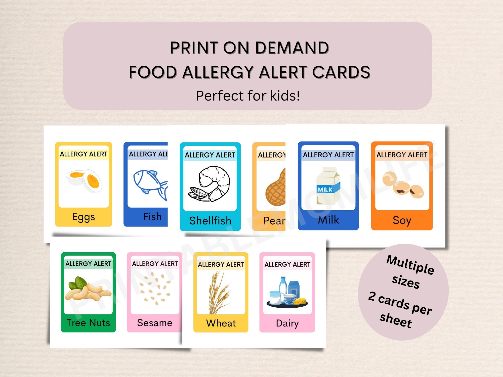 Printable Food Allergy Alert Cards Digital Download Toddler kid 