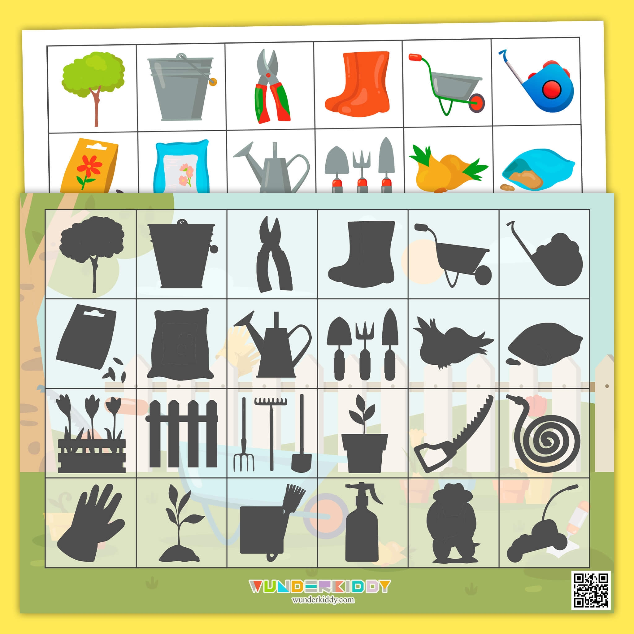 Printable Gardening Tools Shadow Matching Worksheet