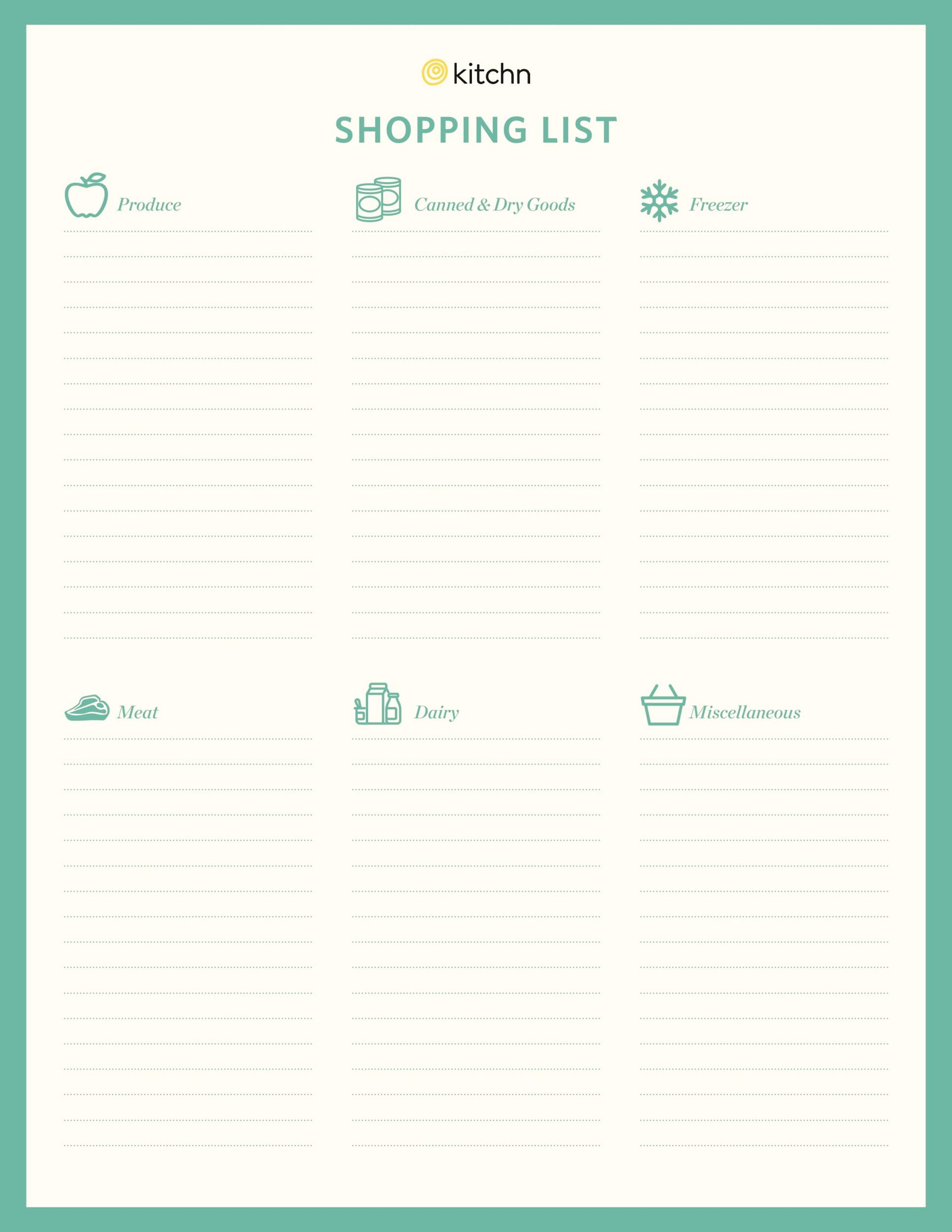 free printable grocery shopping list template