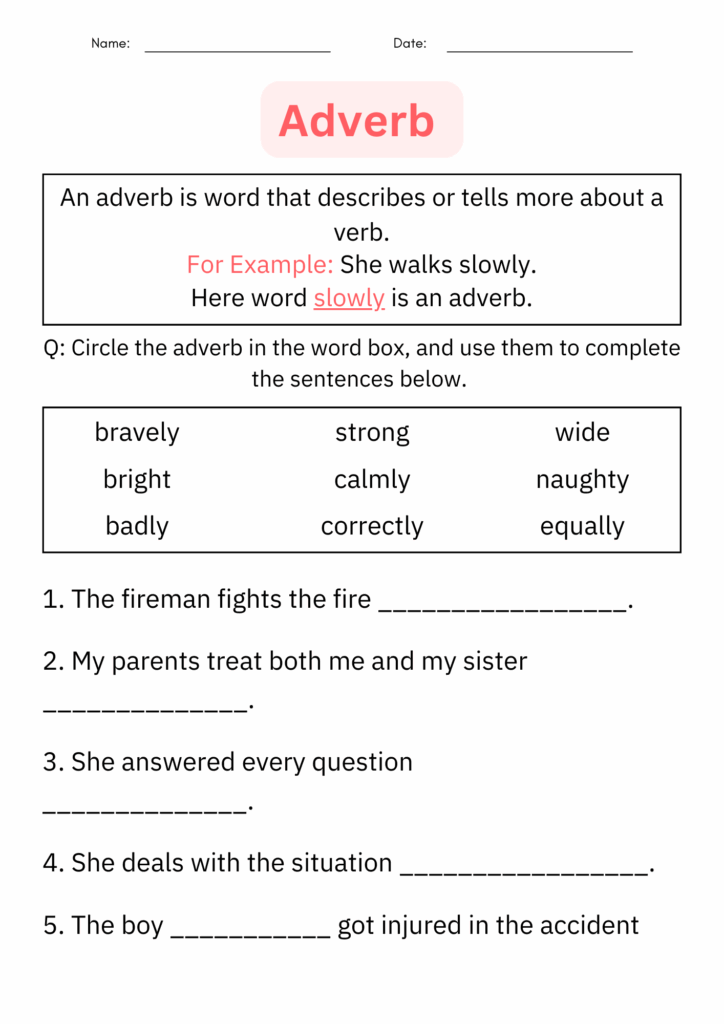 Printable Identifying Adverbs Grammar Worksheet For Kindergarten