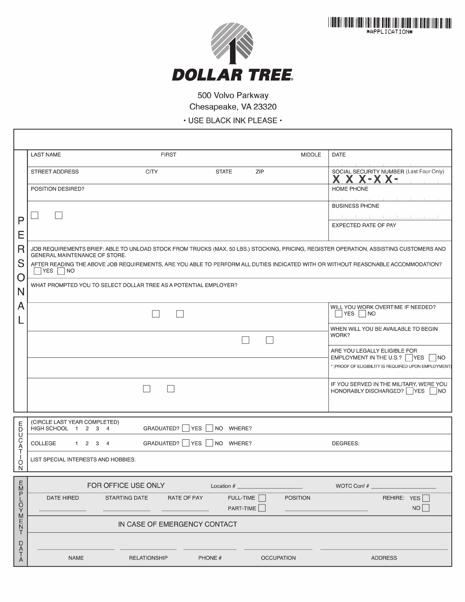 Printable Job Application For Dollar Tree Printable Application