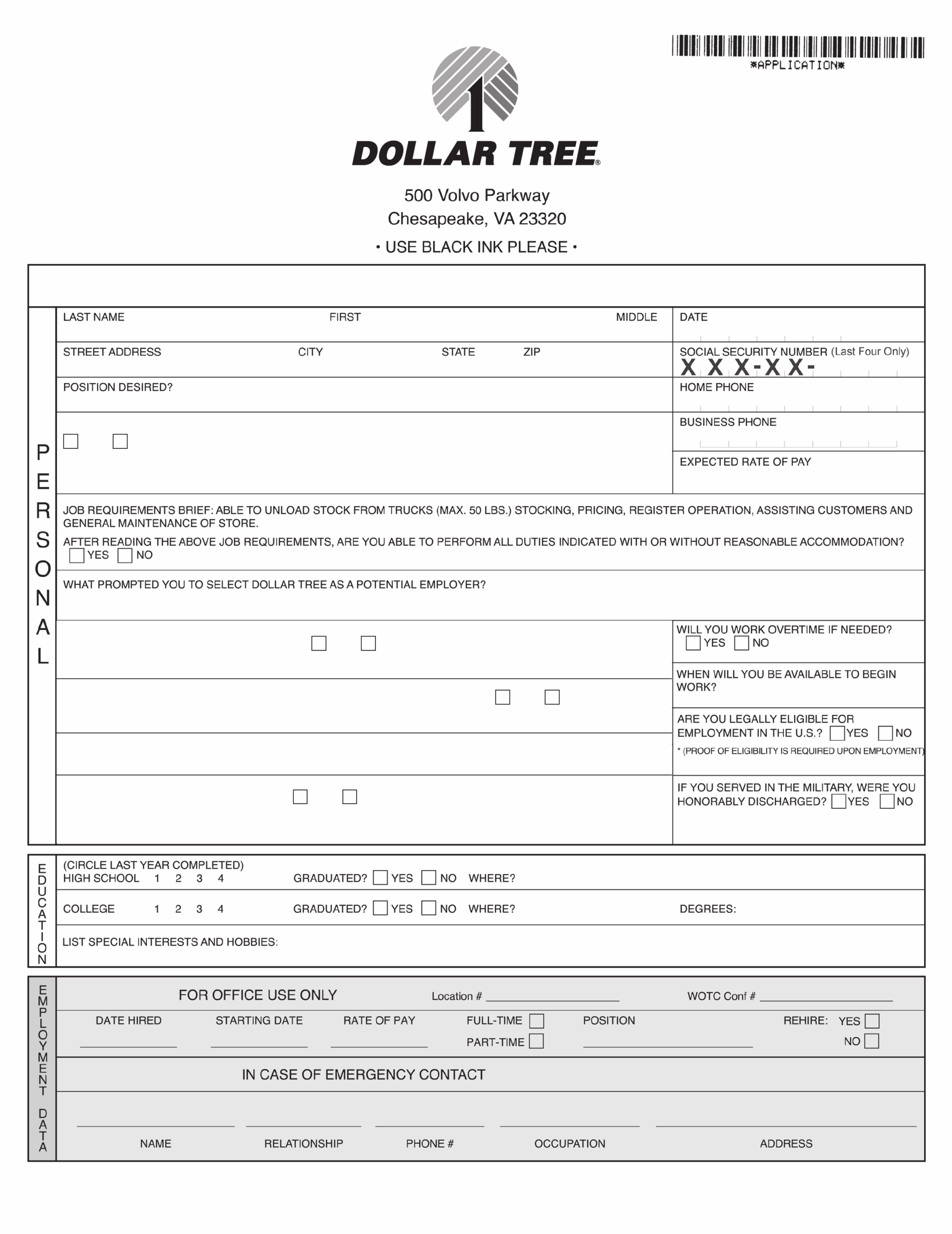 Printable Job Application For Dollar Tree Printable Application