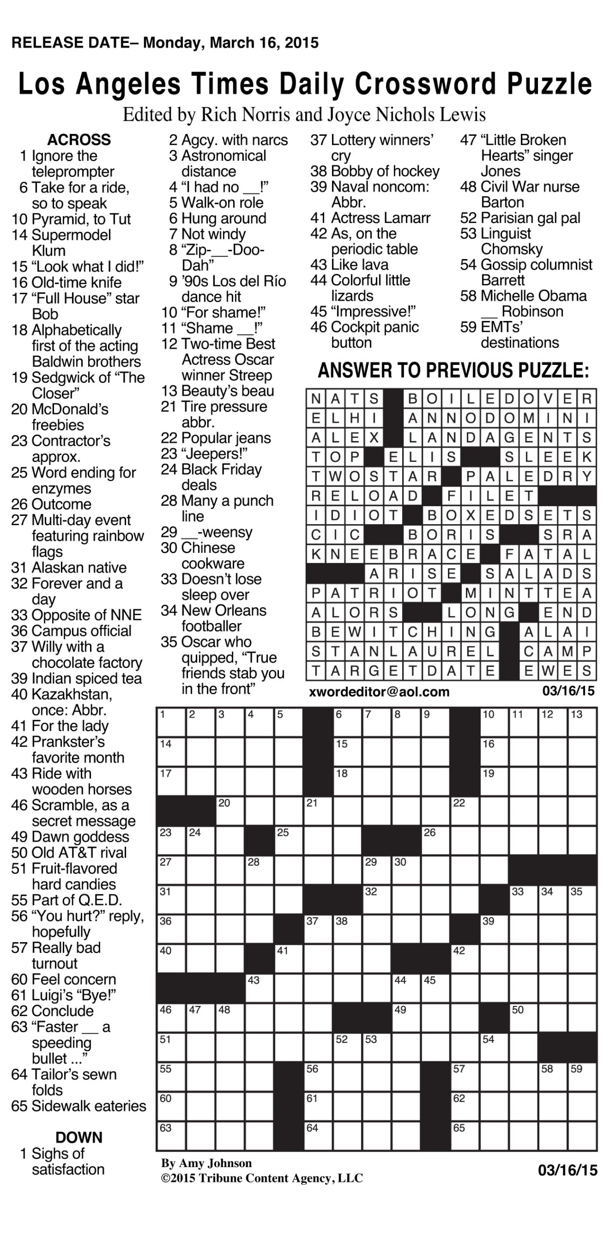 printable la times crossword puzzle