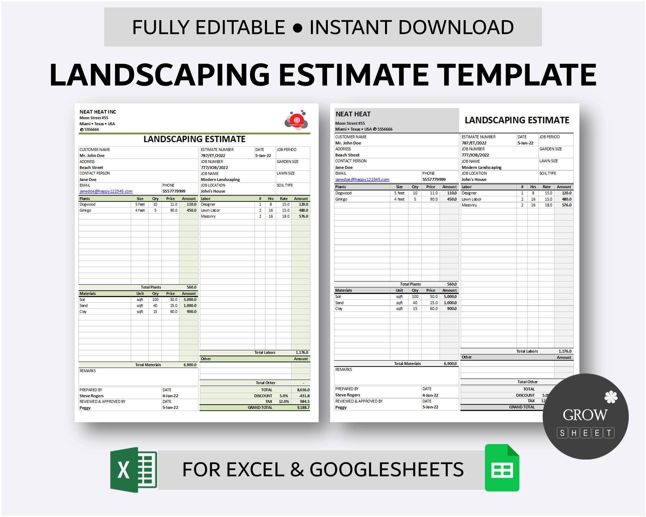 Printable Landscaping Estimate Template For Excel And Google Sheets 