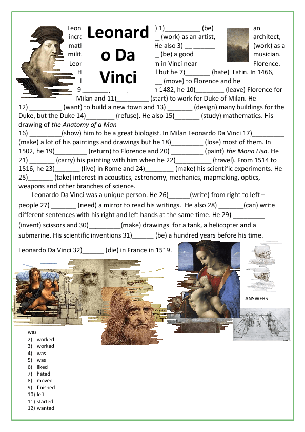Printable Leonardo Da Vinci Worksheets Printable Word Searches