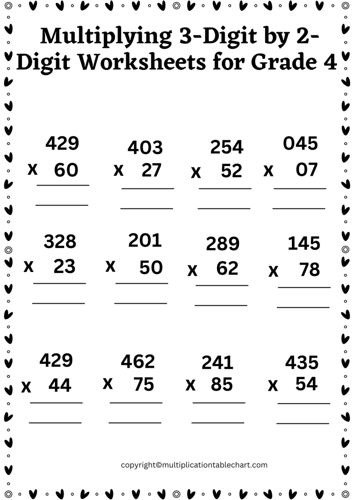 Printable Multiply 3 Digits By 2 Digits Worksheet PDF Multiplication 
