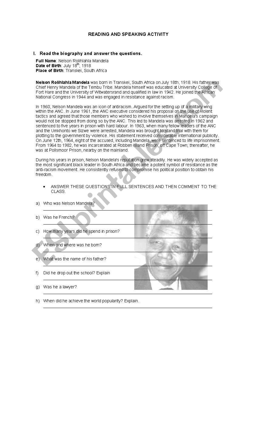Printable Nelson Mandela Worksheets