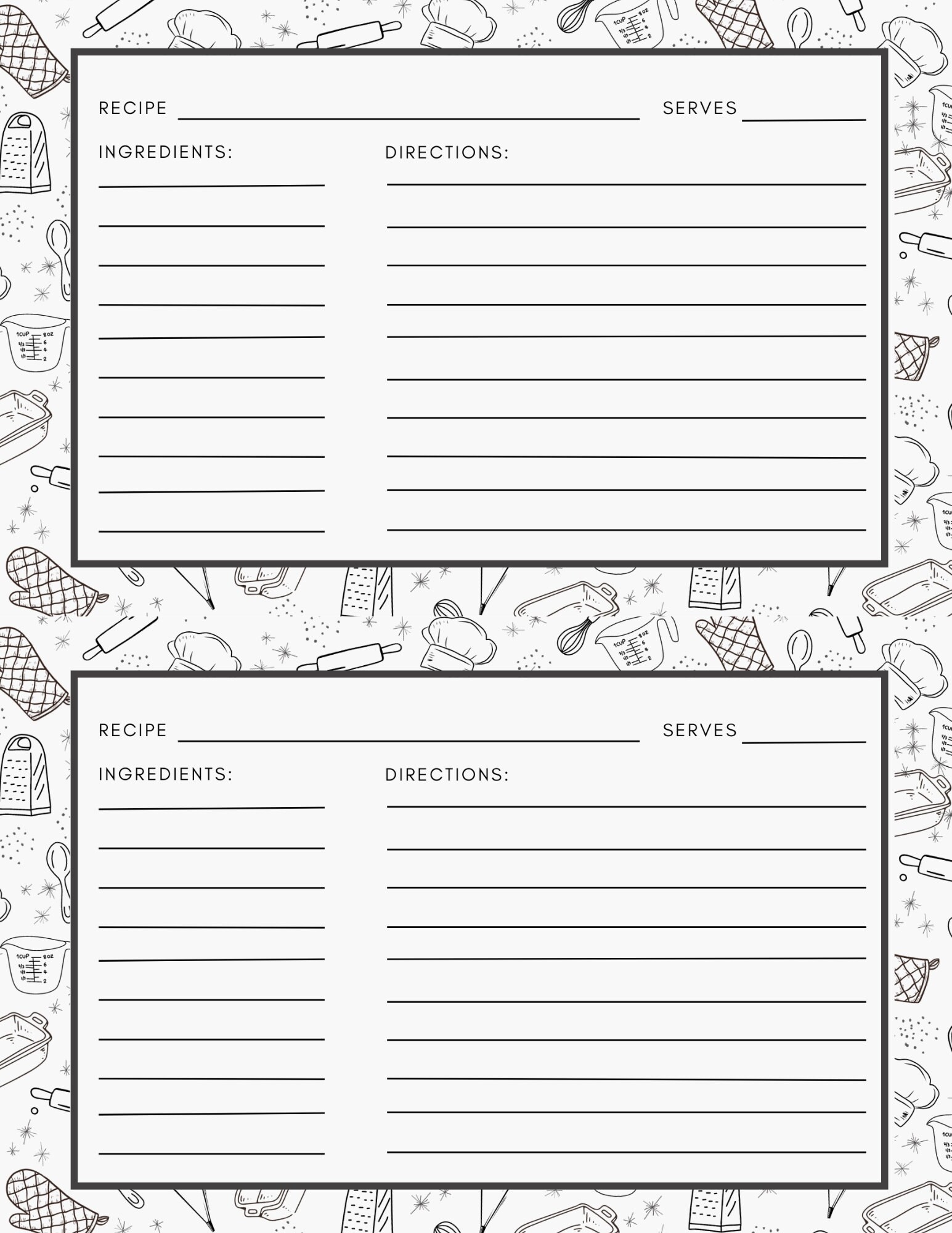 PRINTABLE Retro Black White Recipe Cards Designed With Kitchen 