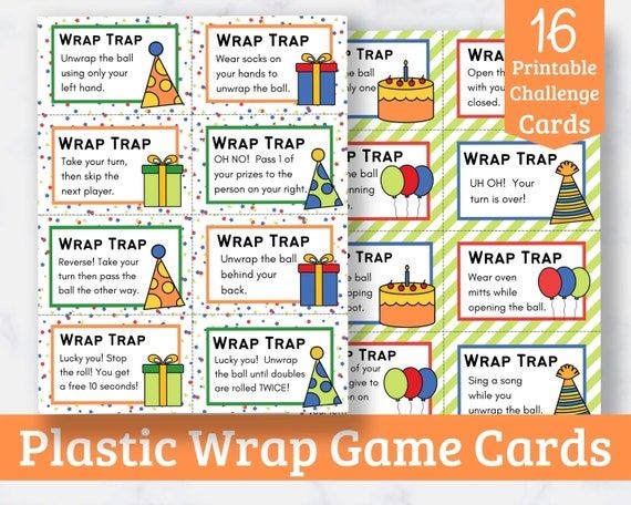 Printable Saran Wrap Ball Game Challenge Cards Birthday Edition 