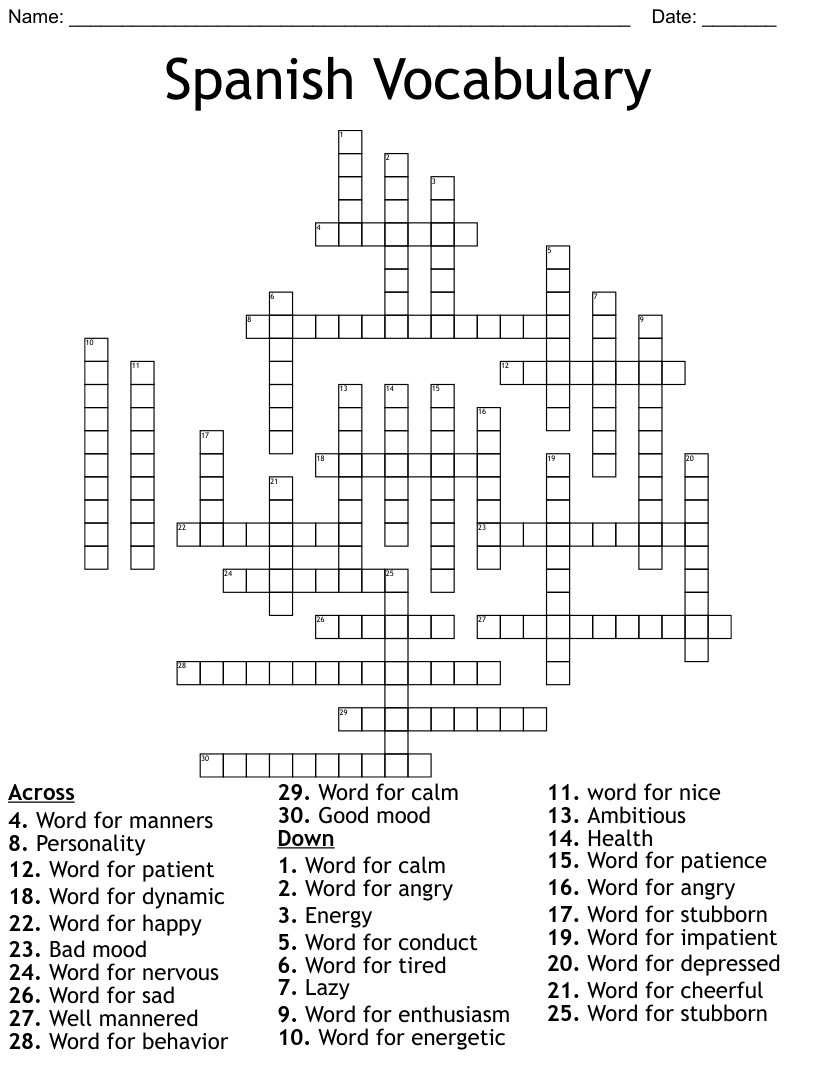 printable spanish crossword puzzle