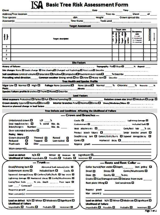 Printable Tree Risk Assessment Form Templates Sample Printables