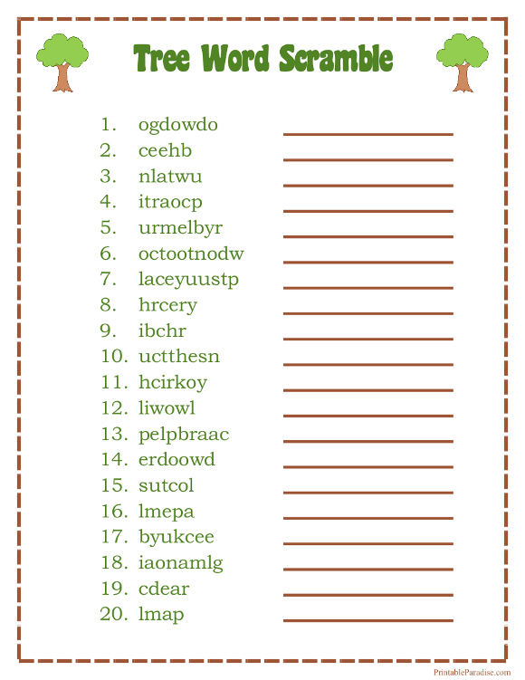 Printable Tree Word Scramble Game