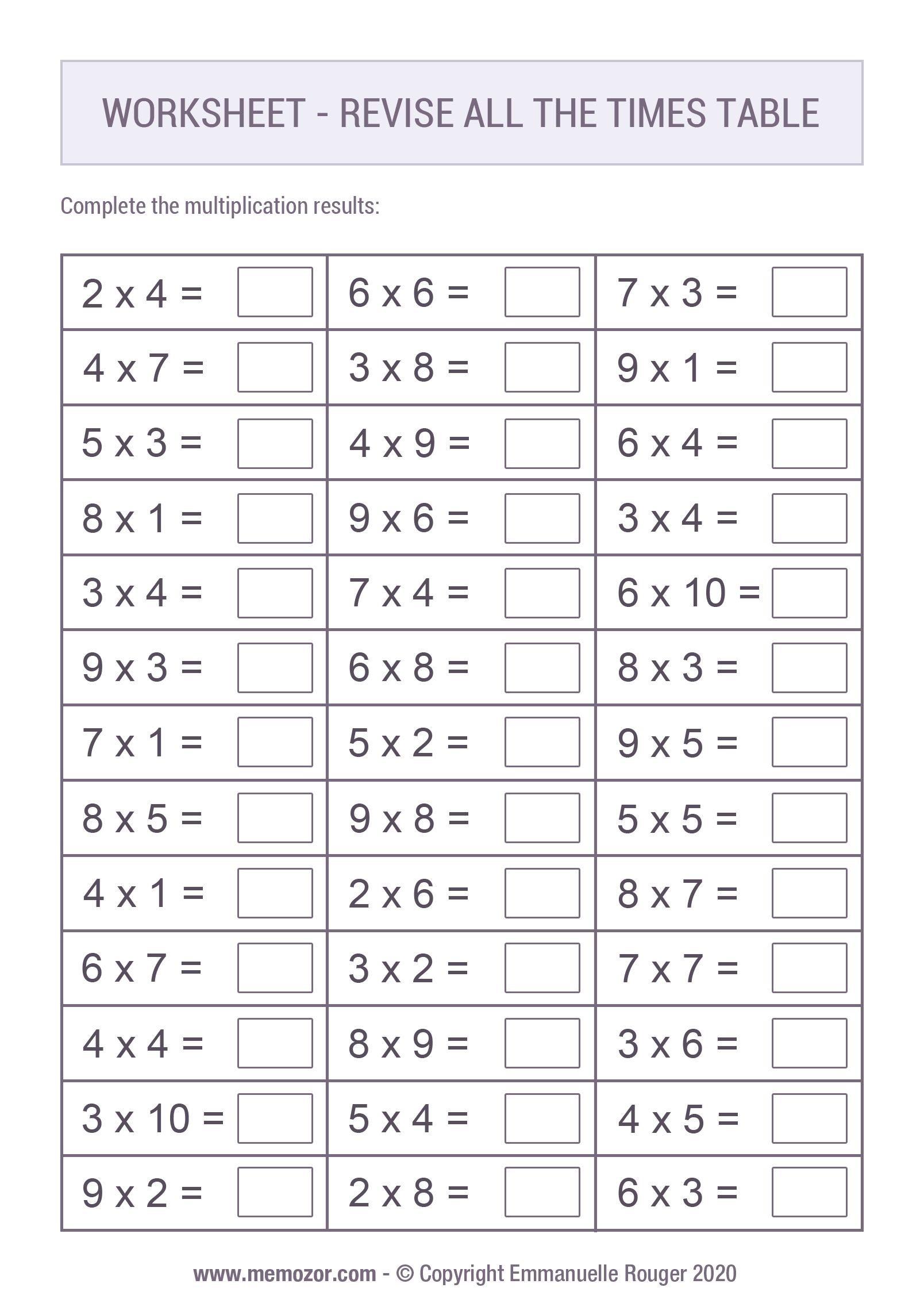 Printable Worksheet Revise All Times Table Memozor