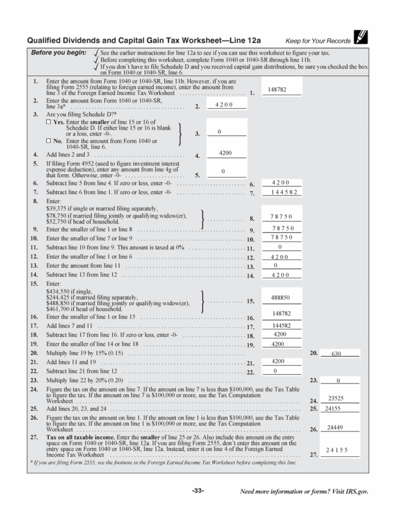 Qualified Dividends And Capital Gain Worksheet Printable PDF Template