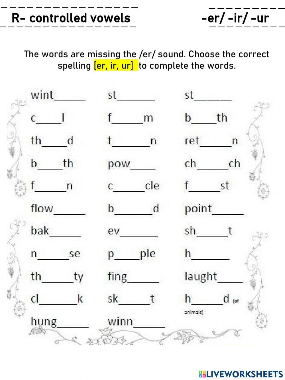 r controlled vowels worksheets