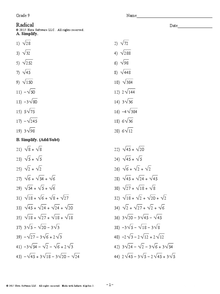 Radical Expressions PDF Teaching Mathematics Worksheets Library