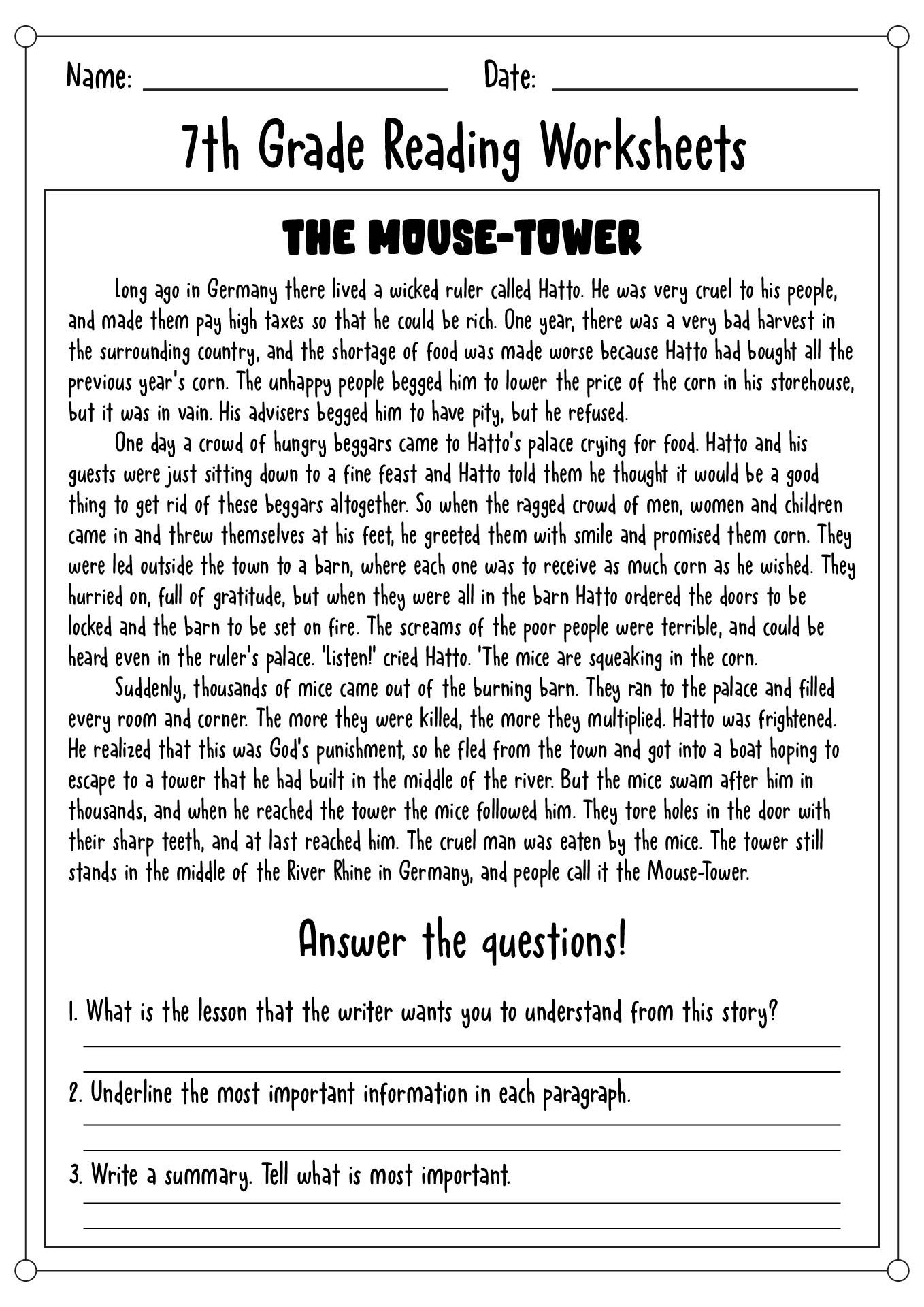 Reading Comprehension Worksheets 7th Grade Reading Reading Worksheets