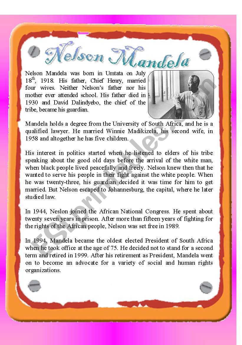 Reading Nelson Mandela ESL Worksheet By Emulator