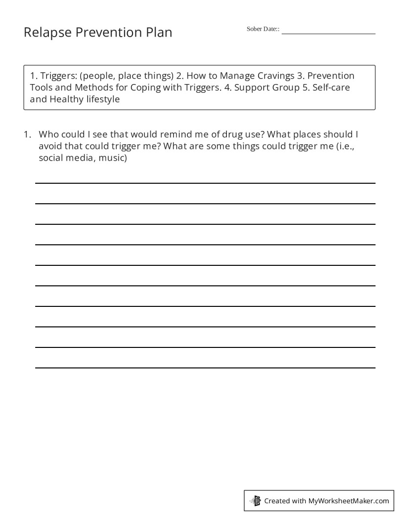Relapse Prevention Plan My Worksheet Maker Create Your Own Worksheets