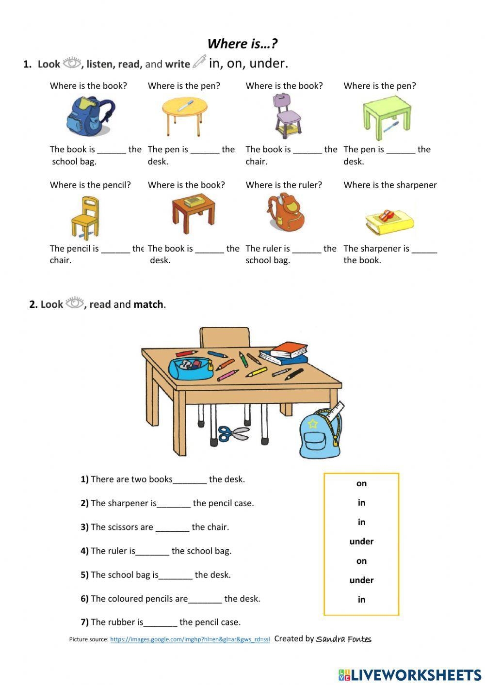 School Objects And Prepositions Of Place ESL Worksheet By Carlalopes 
