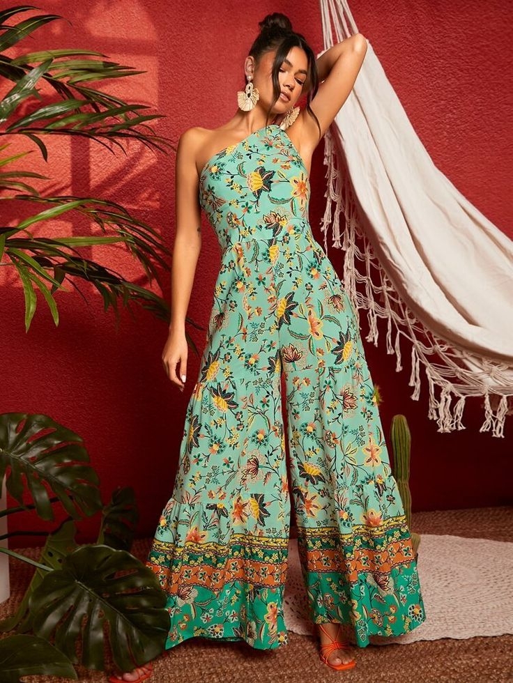 SHEIN Floral Print One Shoulder Wide Leg Jumpsuit In 2023 Wide Leg 